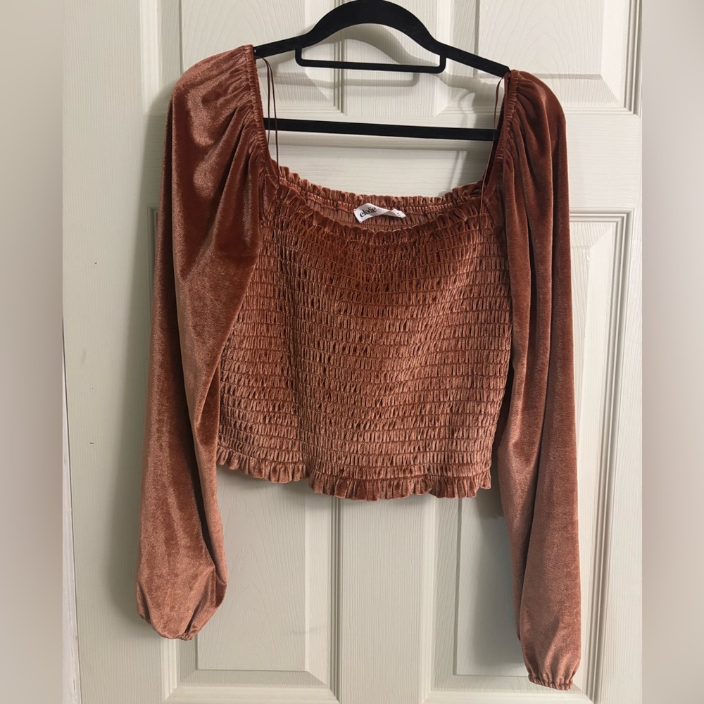 Elodie Rust Crushed Velvet Smocked Quiet Luxury Short Blouse Fall Cropped Top